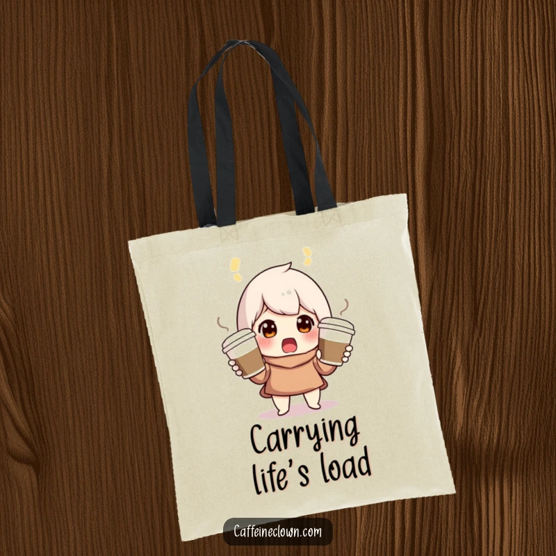 Funny tote bag with a surprised character juggling three coffee cups, symbolizing the challenges of daily life.
