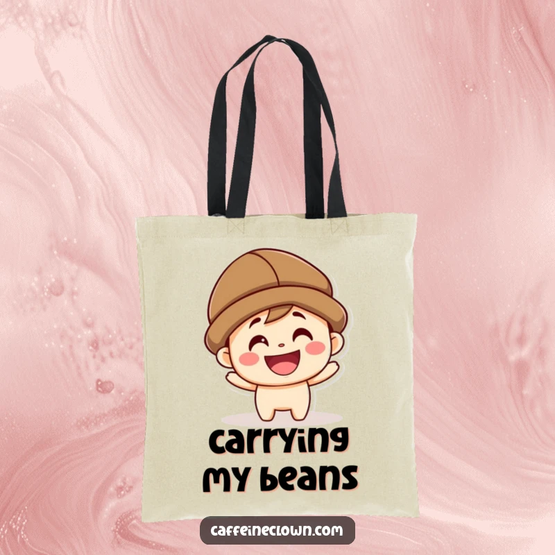 Funny kawaii character in a coffee bean hat, grinning, on a durable tote bag for everyday use.