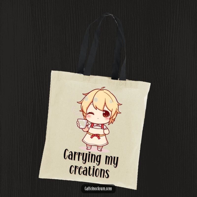 Funny tote bag showcasing a character in an apron holding a steaming cup, great for grocery runs and kitchen essentials.