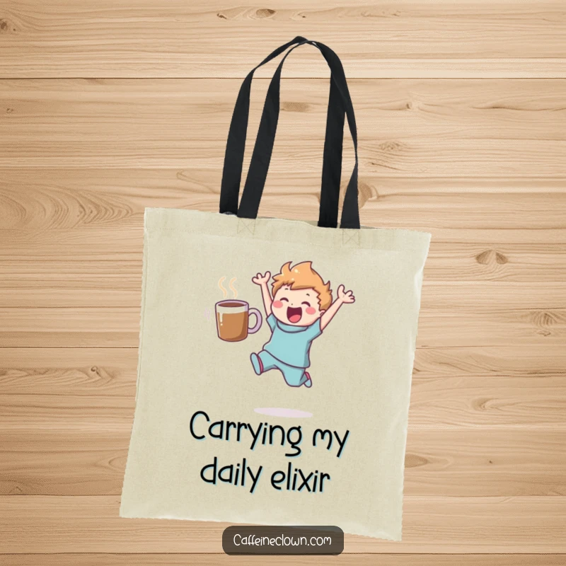 Funny tote bag featuring a delightful figure leaping with a coffee mug floating alongside, perfect for carrying daily necessities with humor.