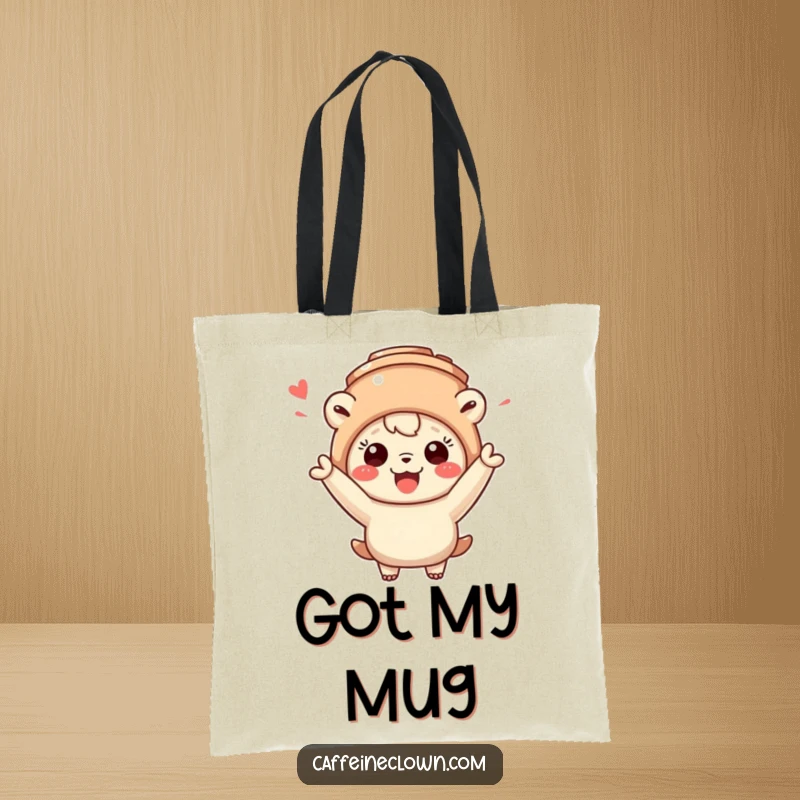 Funny tote bag featuring a creature in a coffee mug hat, cheering wildly, a delightful accessory for coffee enthusiasts.