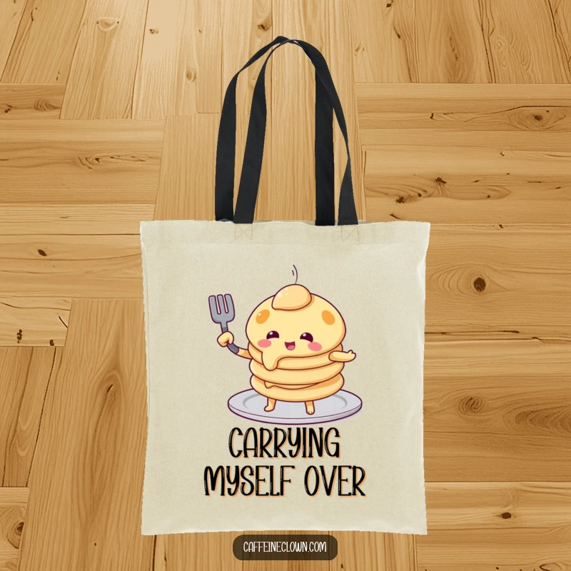 Funny pancake flip tote bag showing a playful pancake character attempting to flip itself with a spatula, a practical and humorous accessory.