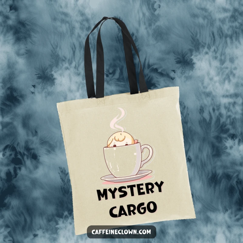 Funny Tote Bag: Tiny character peeking out with curiosity from behind a steaming coffee cup, a charming accessory.