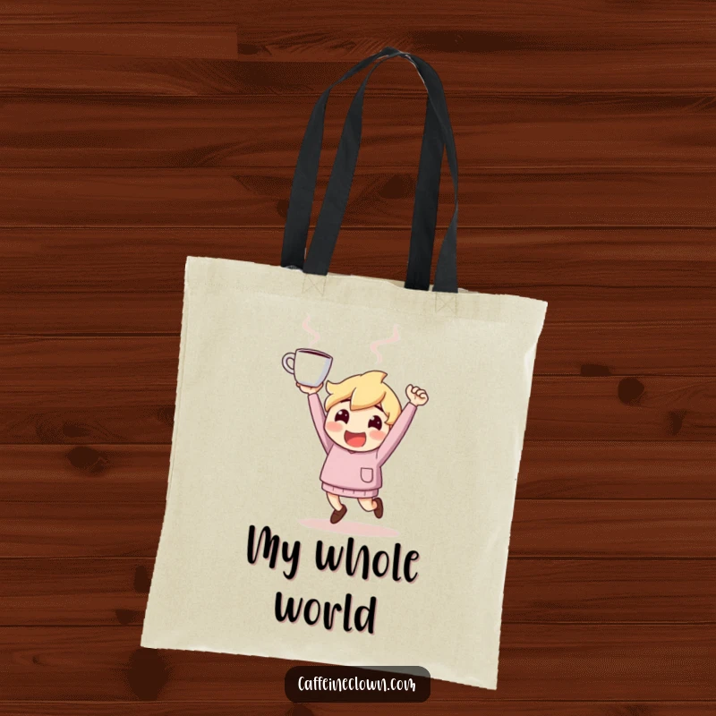 Funny Tote Bag: Character bounces with energetic glee, holding a steaming coffee cup high, perfect for coffee enthusiasts.