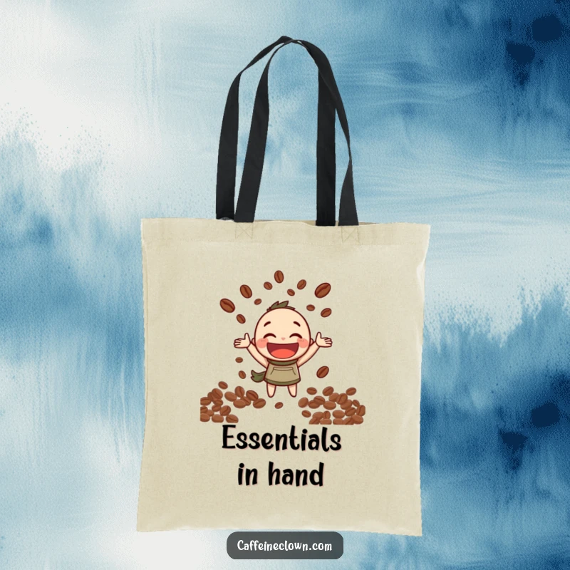 Funny Tote Bag: Character with a joyful grin expertly juggles coffee beans, perfect for coffee lovers on the go.