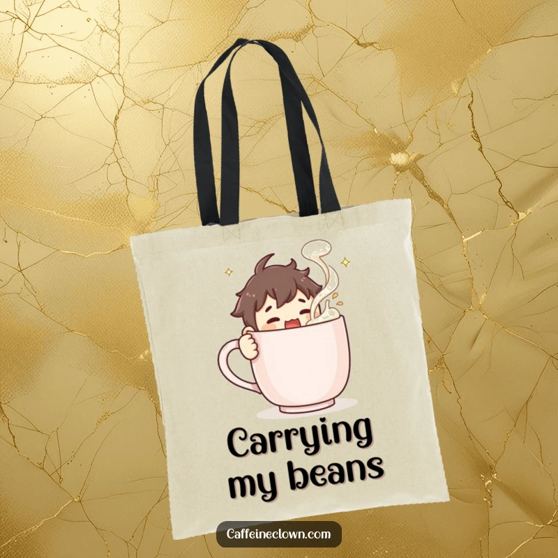 Funny Tote Bag: Character joyfully stirs a gigantic steaming coffee mug, with froth exploding, emphasizing ultimate coffee dedication.