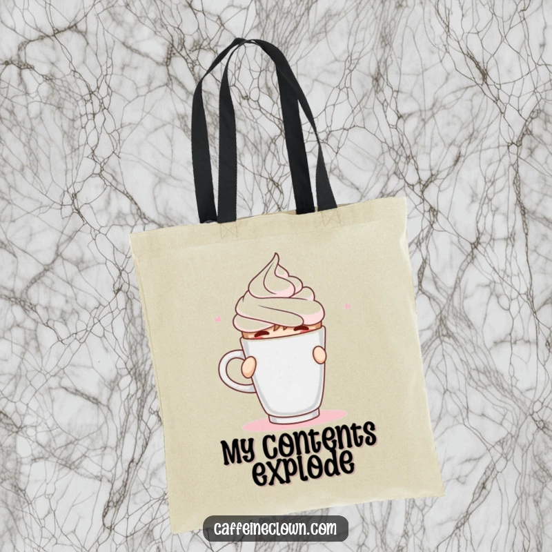 Funny Tote Bag depicting a character spraying whipped cream from a coffee cup mid-sip, great for shopping.