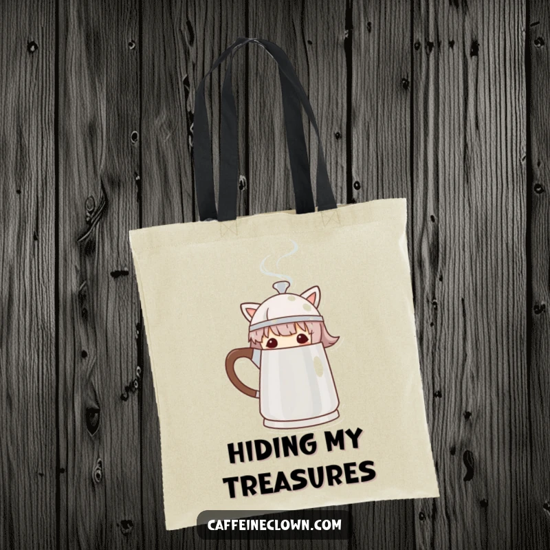 Funny Tote Bag featuring a character peeking from behind a steaming coffee pot, a charming and humorous accessory.