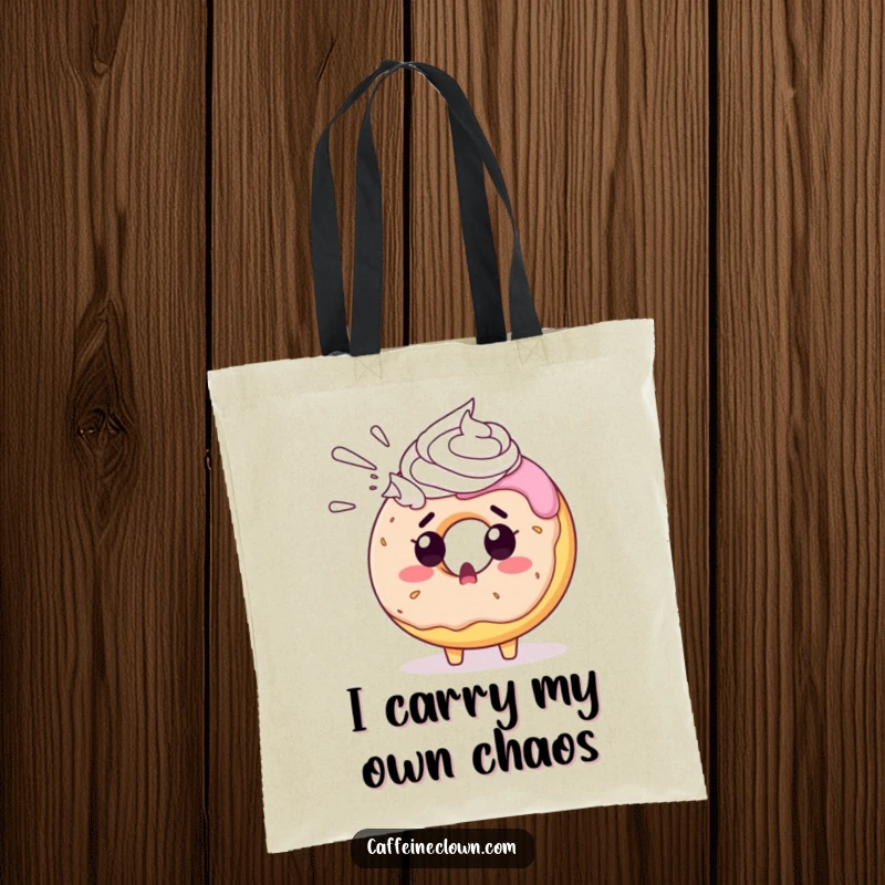 Funny donut tote bag with a surprised donut character being sprayed with whipped cream, a practical and humorous accessory.