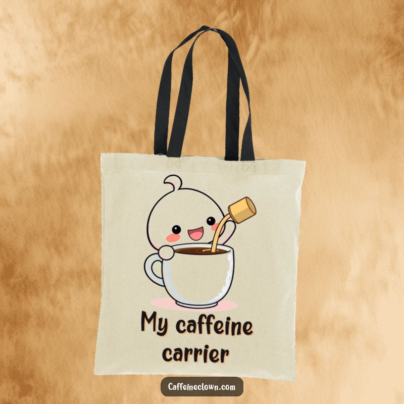 Funny Tote Bag: Kawaii character gleefully pouring coffee into a gigantic cup, celebrating big coffee dreams.