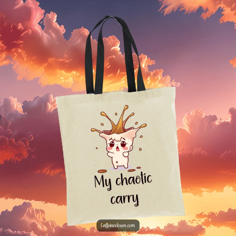 Funny tiny character with a surprised expression and a coffee splash erupting upwards on a spacious tote bag.
