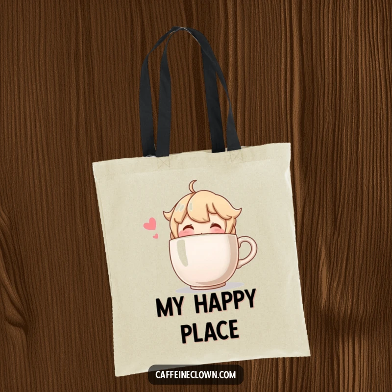 Funny tote bag depicting a blushing character happily sipping from a comically oversized coffee cup, designed for coffee enthusiasts.