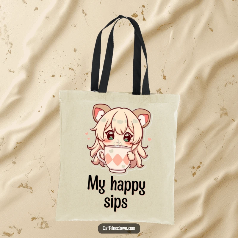 Funny tote bag featuring a character with sparkling eyes, joyfully sipping from a steaming cup, perfect for carrying daily items.
