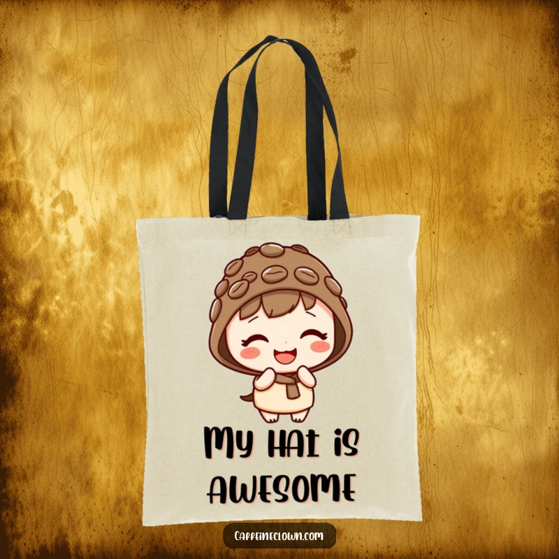 Funny kawaii tote bag with a cute character wearing a coffee bean hat, giggling playfully, perfect for carrying daily essentials.
