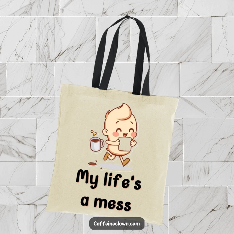 Funny Tote Bag showing a character running with a coffee cup, a little coffee spilling, perfect for busy individuals.