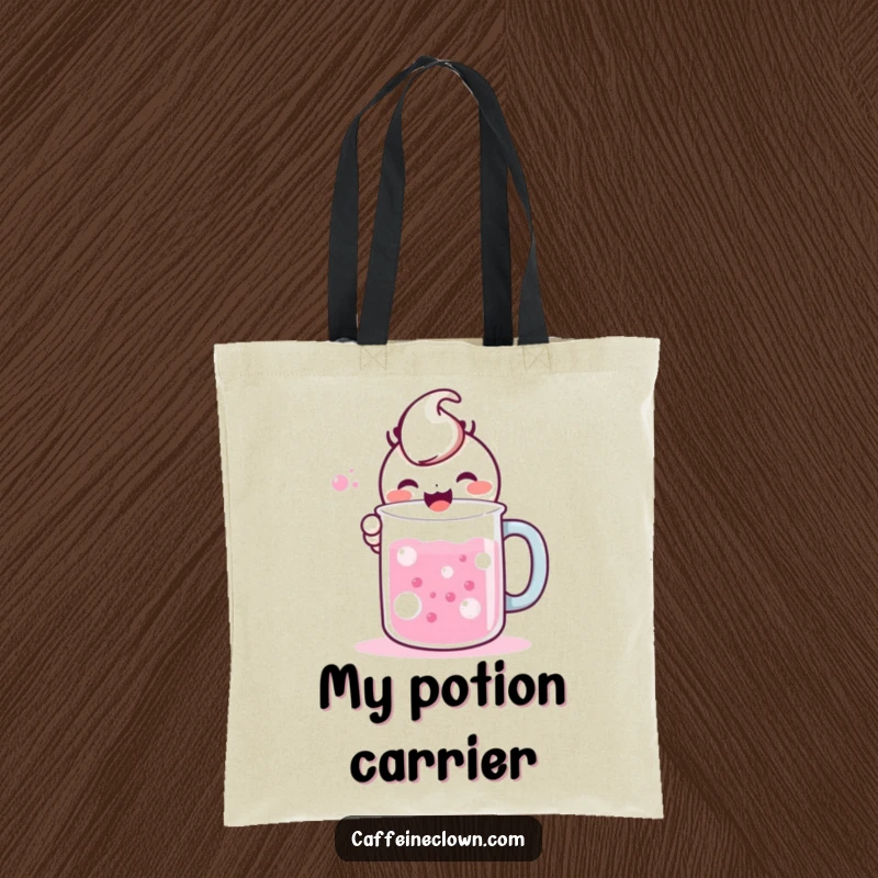 Funny tote bag with a kawaii character gleefully mixing bubbling liquids in a large mug, perfect for carrying books or groceries.