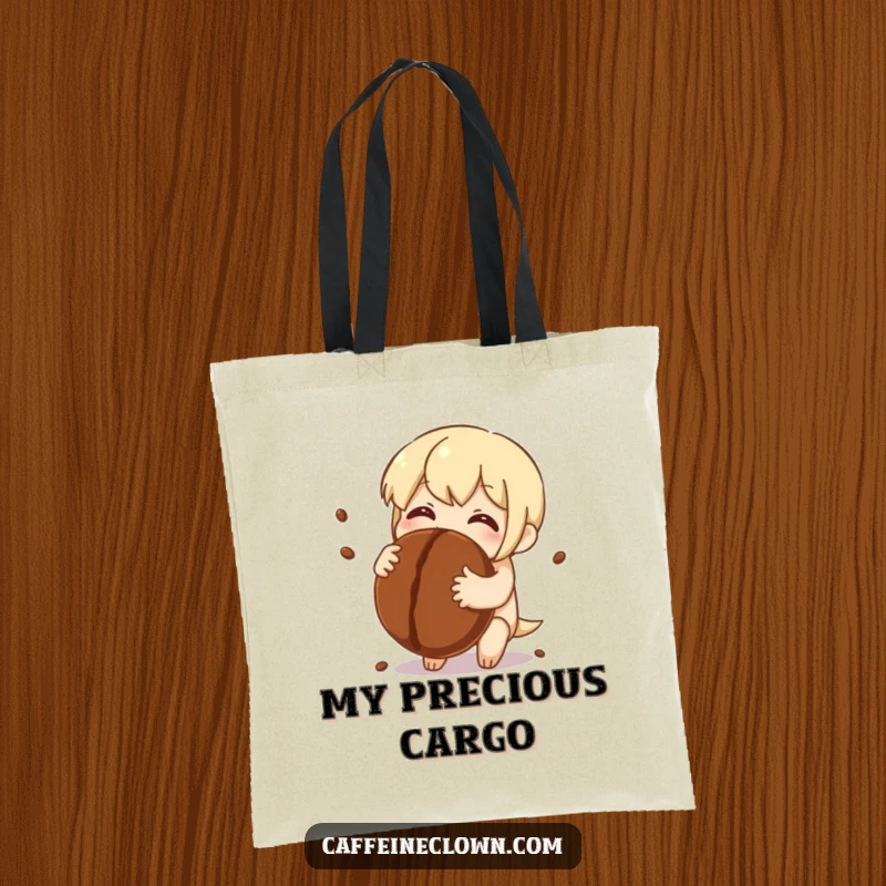 Funny Tote Bag: Character embraces a giant coffee bean with sparkling eyes full of delight, a perfect carry-all for coffee lovers.