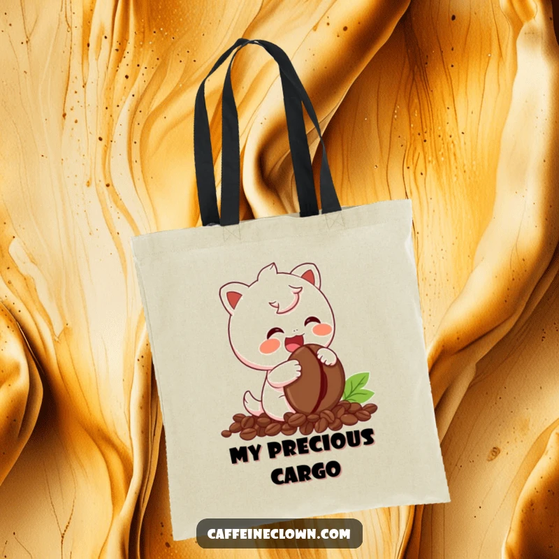 Funny Tote Bag showing a cute character giggling uncontrollably while holding a coffee bean, a charming accessory.