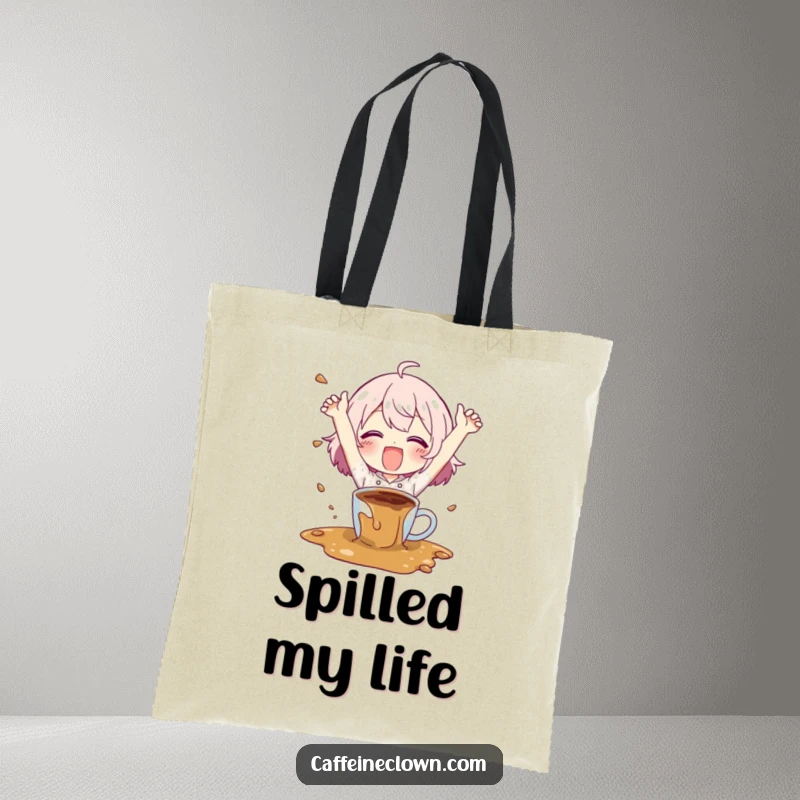 Funny tote bag with a character happily spilling coffee with flailing arms, perfect for carrying essentials with a humorous, chaotic vibe.