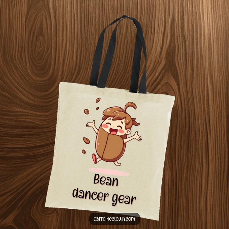 Funny tote bag with a joyful character dancing while holding a giant coffee bean, perfect for carrying groceries or daily essentials.
